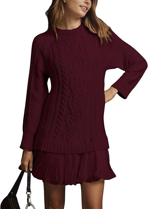 Women Cable Knit Sweater Dress Crewneck Long Sleeve Pleated Mini Dress Twofer Style Patchwork Dre... | Amazon (US)