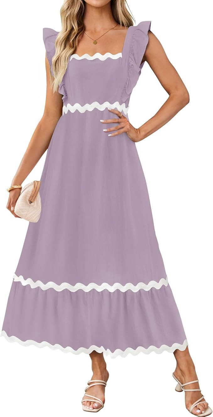 ZESICA Women's Summer Sleeveless Ruffle Dresses Square Neck Backless Boho Flowy Maxi Sundress wit... | Amazon (US)