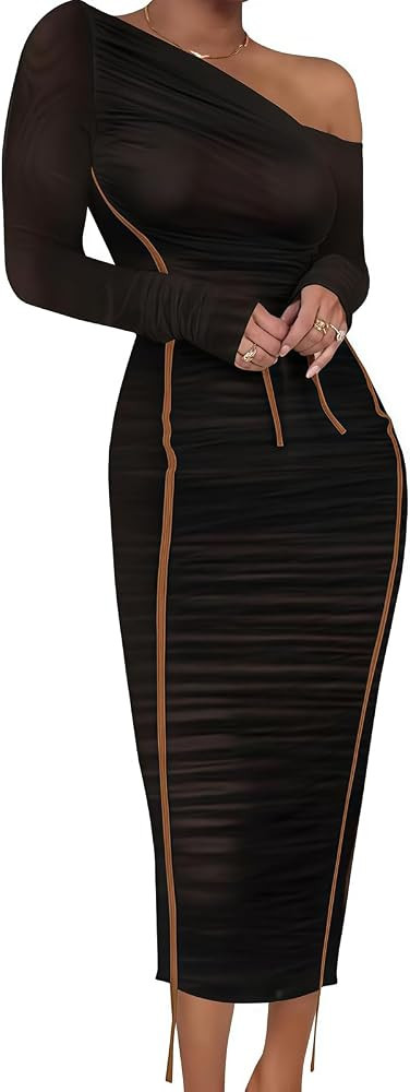 Women's Long Sleeve Mesh Dress - Bodycon Off Shoulder Mesh Ruched Cocktail Club Maxi Dresses | Amazon (US)