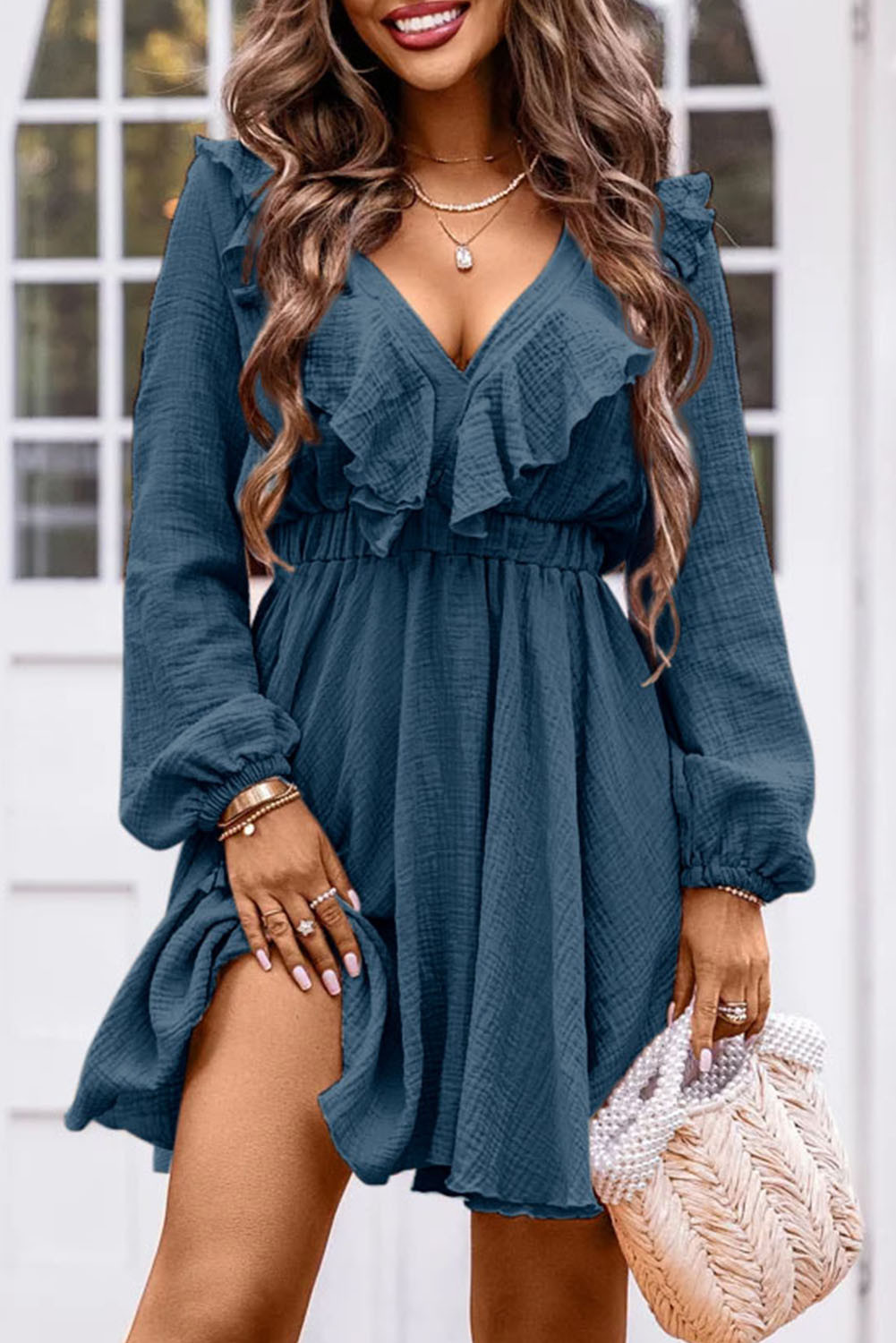 Blue Textured Ruffled V Neck High Waist Mini Dress | Shewin