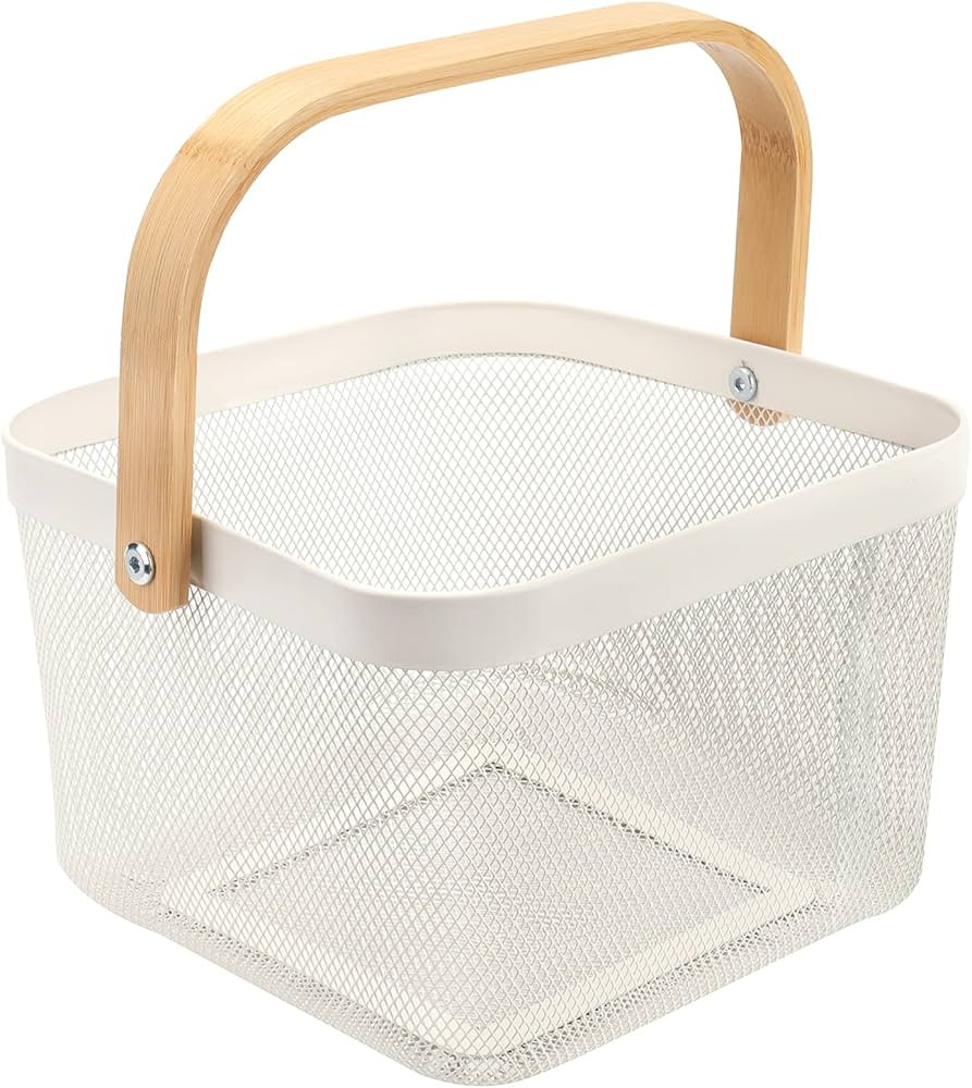Yopay Mesh Steel Fruit Basket Bin with Wood Handle, White Hanging Storage Organizer, Farmhouse Ha... | Amazon (US)