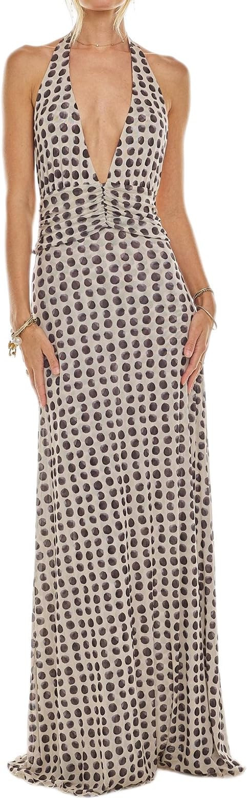 Womens Halter Floral Maxi Dress Deep V Neck Backless Bodycon Long Dresses Y2k Formal Cocktail Goi... | Amazon (US)