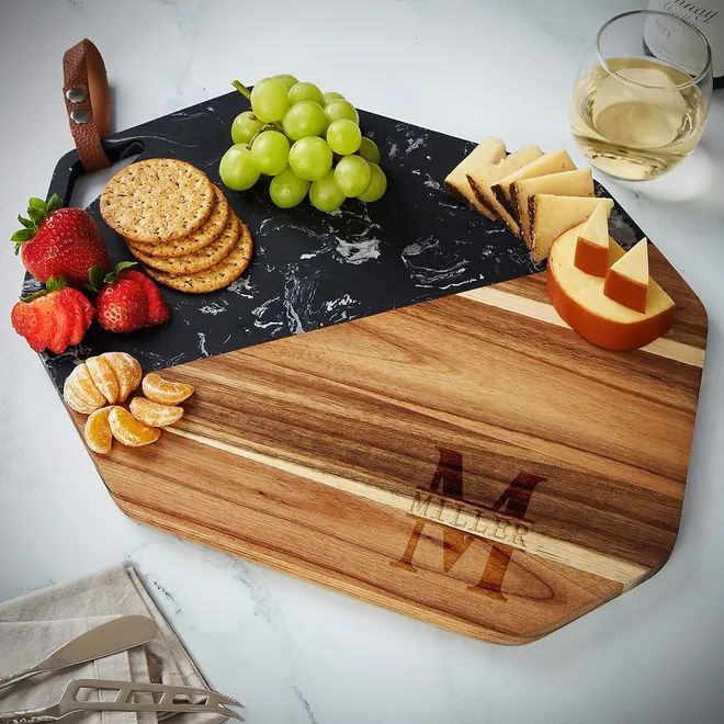Opulent Custom Charcuterie Board Gift - Large Black Marble and Acacia Wood Cheese Board | HomeWetBar.com