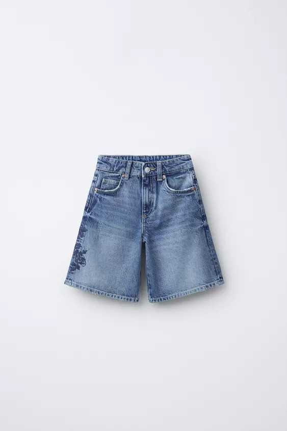 RIPPED DENIM BERMUDA SHORTS WITH EMBROIDERED FLOWERS | Zara UK
