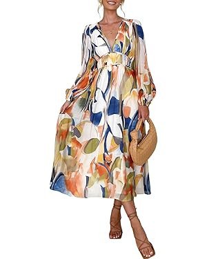 Women's Long Sleeve Boho Maxi Dress Floral Print Long Dress Pink Print | Amazon (US)
