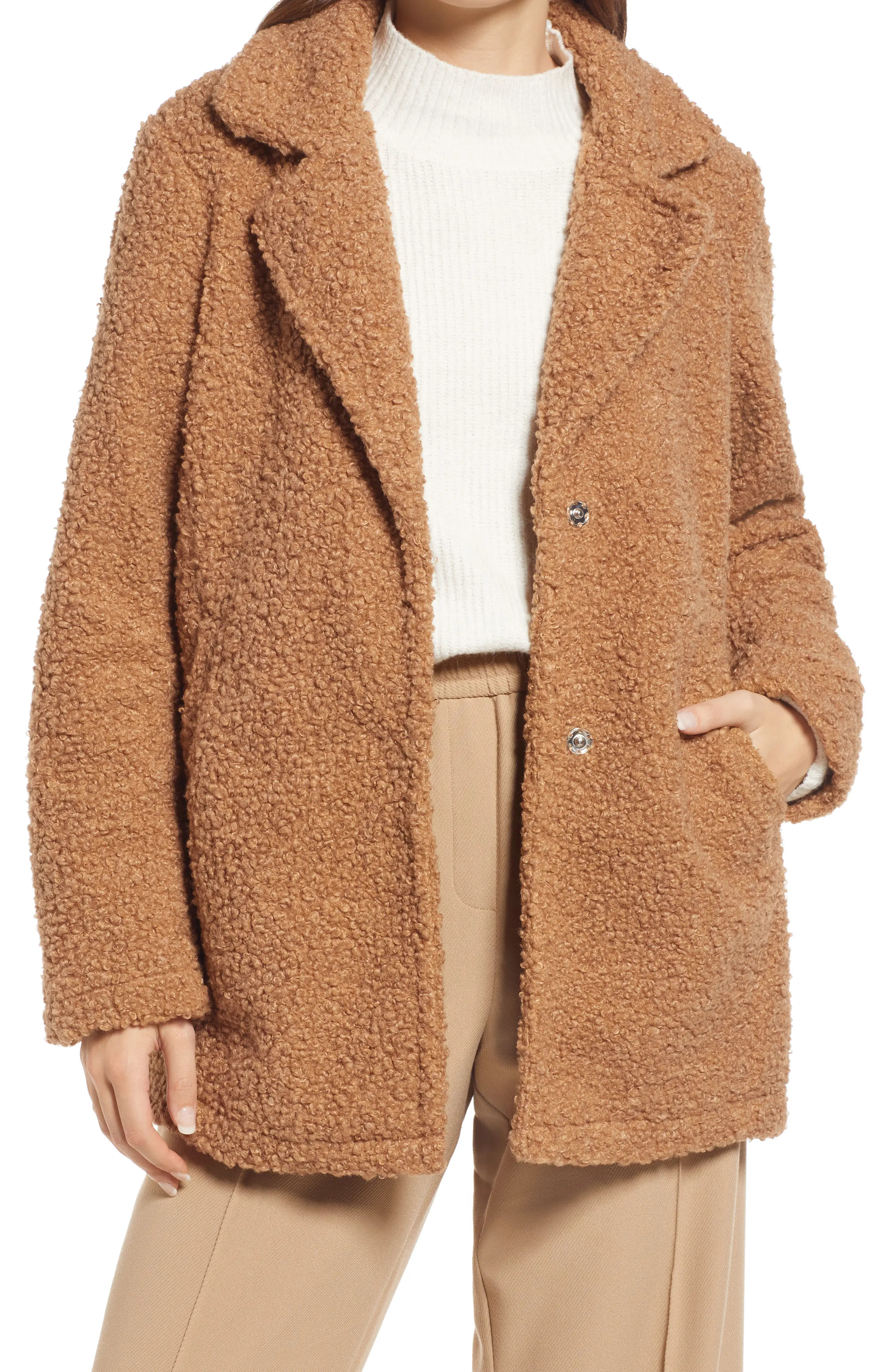 French Connection Faux Fur Teddy Jacket in Camel at Nordstrom, Size Small | Nordstrom