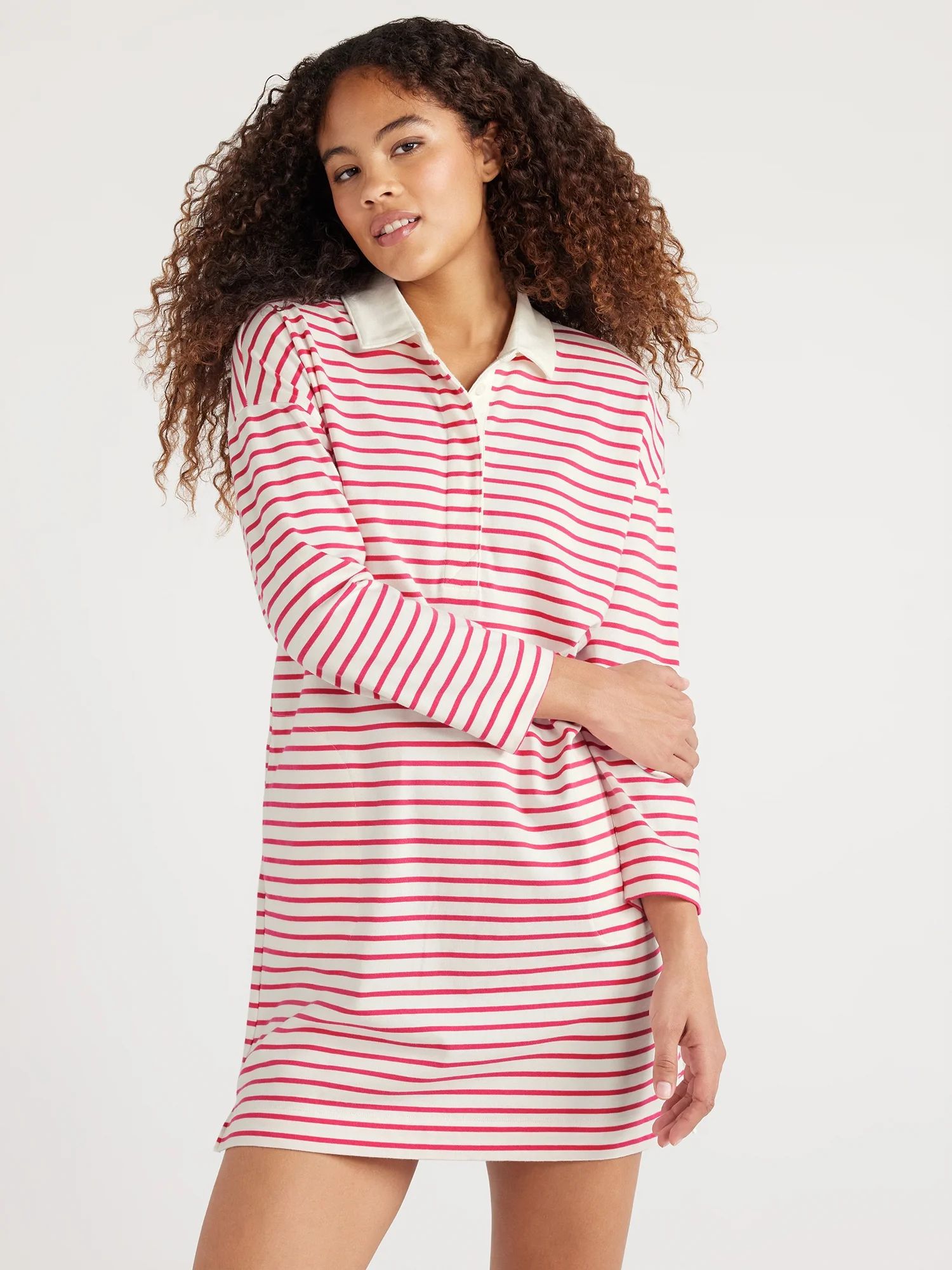 Free Assembly Women’s Striped Polo Mini Dress with Long Sleeves, Sizes XS-XXL | Walmart (US)