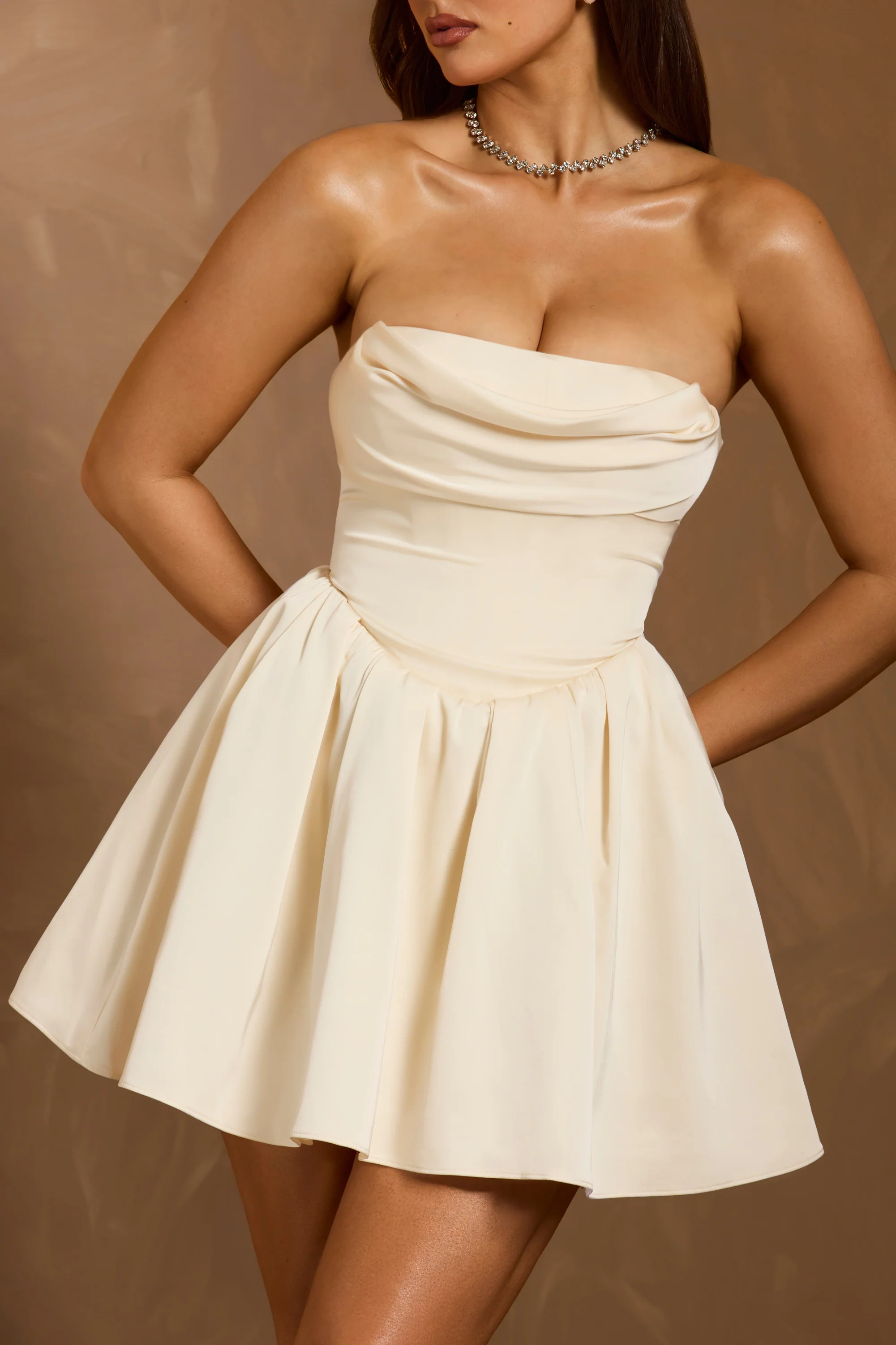 Cowl-Neck Corset Mini Dress in Ivory | Oh Polly
