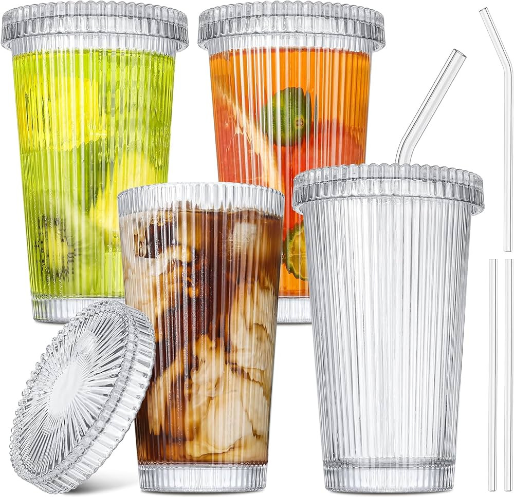 GMISUN Iced Coffee Cups with Lids, Glass Cups with Lids and Straws, Ribbed Glassware, Drinking Gl... | Amazon (US)