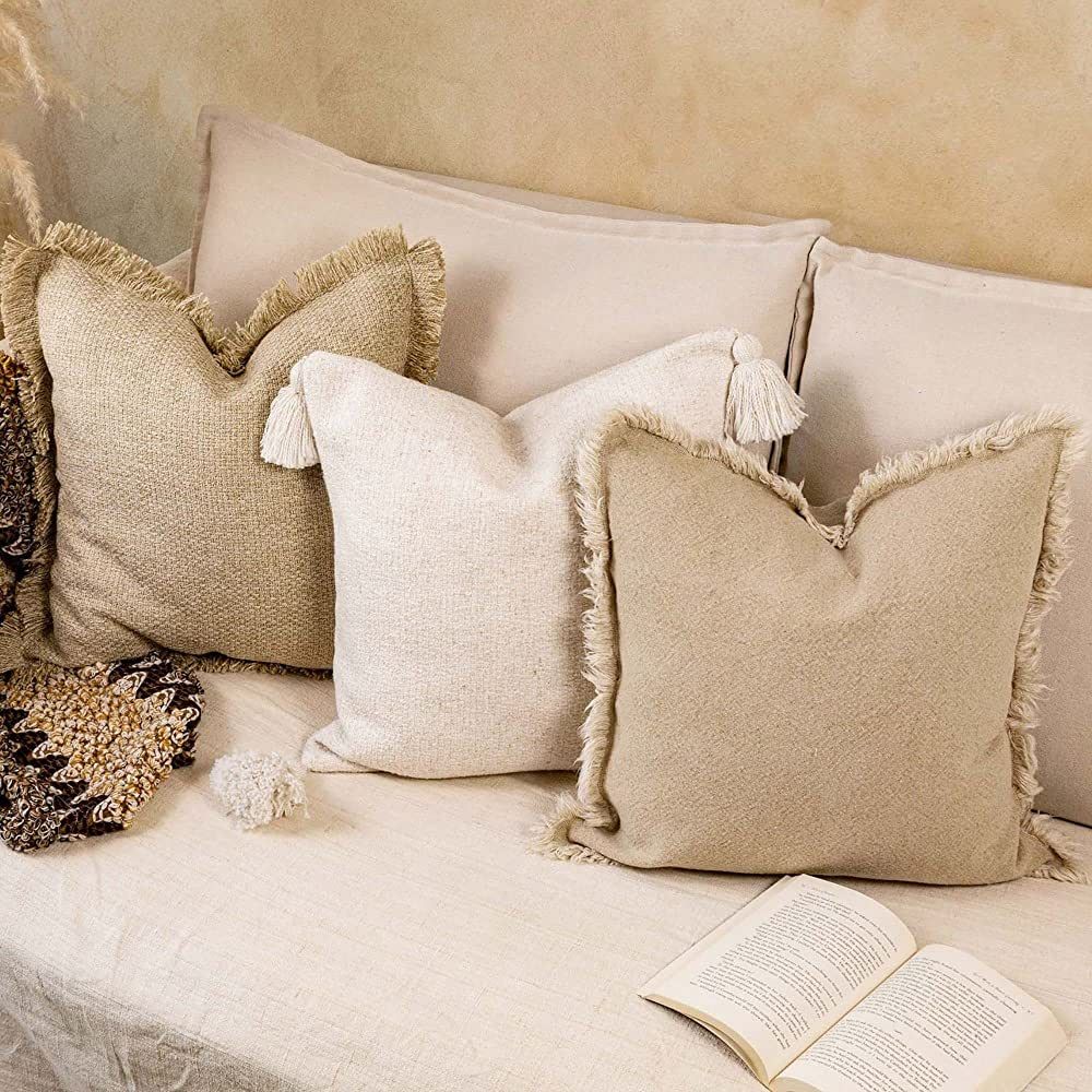 Decorative Boho Throw Pillow Covers 18 × 18 Set of 3 - Neutral Linen Cotton Throw Pillows with H... | Amazon (US)