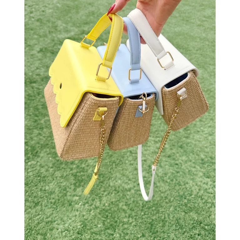 Packed Party Women's Woven Straw Crossbody Bag with Faux Leather Scallop and Chain Strap, Yellow | Walmart (US)
