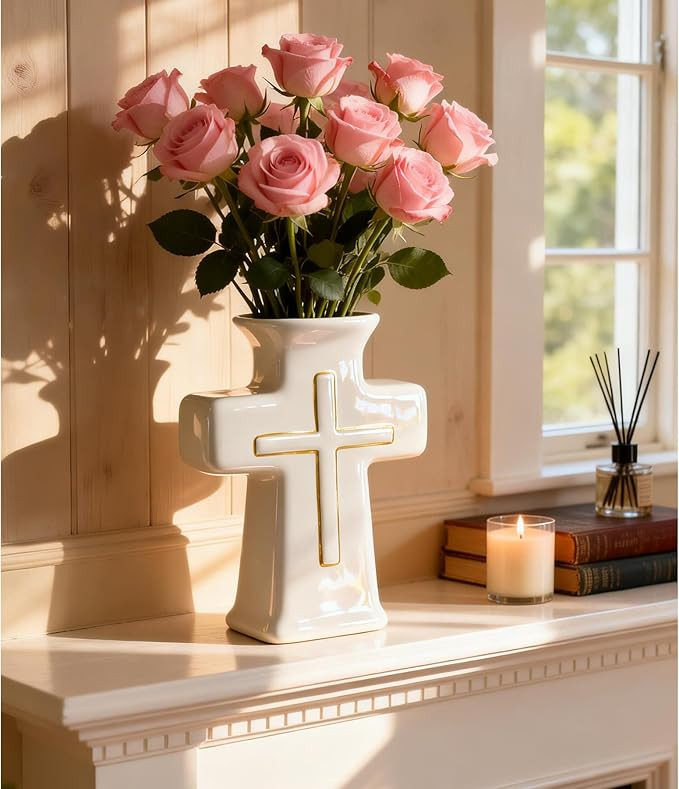 White Ceramic Cross Vase - Elegant Gold Trim Floral Centerpiece, Religious Christian Gifts for Wo... | Amazon (US)