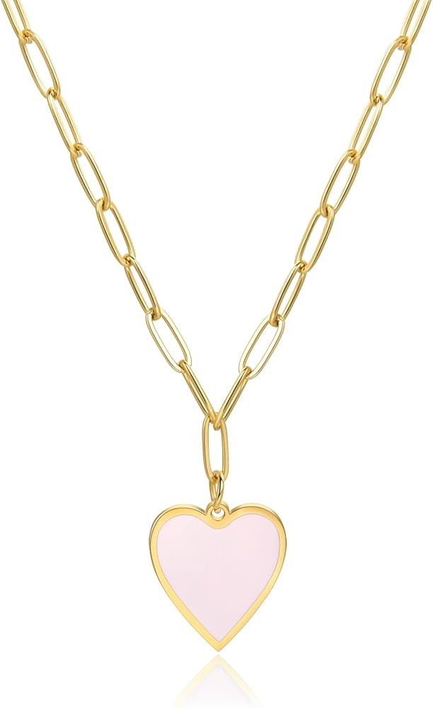 CANDYFACNY Heart Enamel Pendant Necklace for Women Girl Gold Plated Love Paperclip Chain Necklace... | Amazon (US)