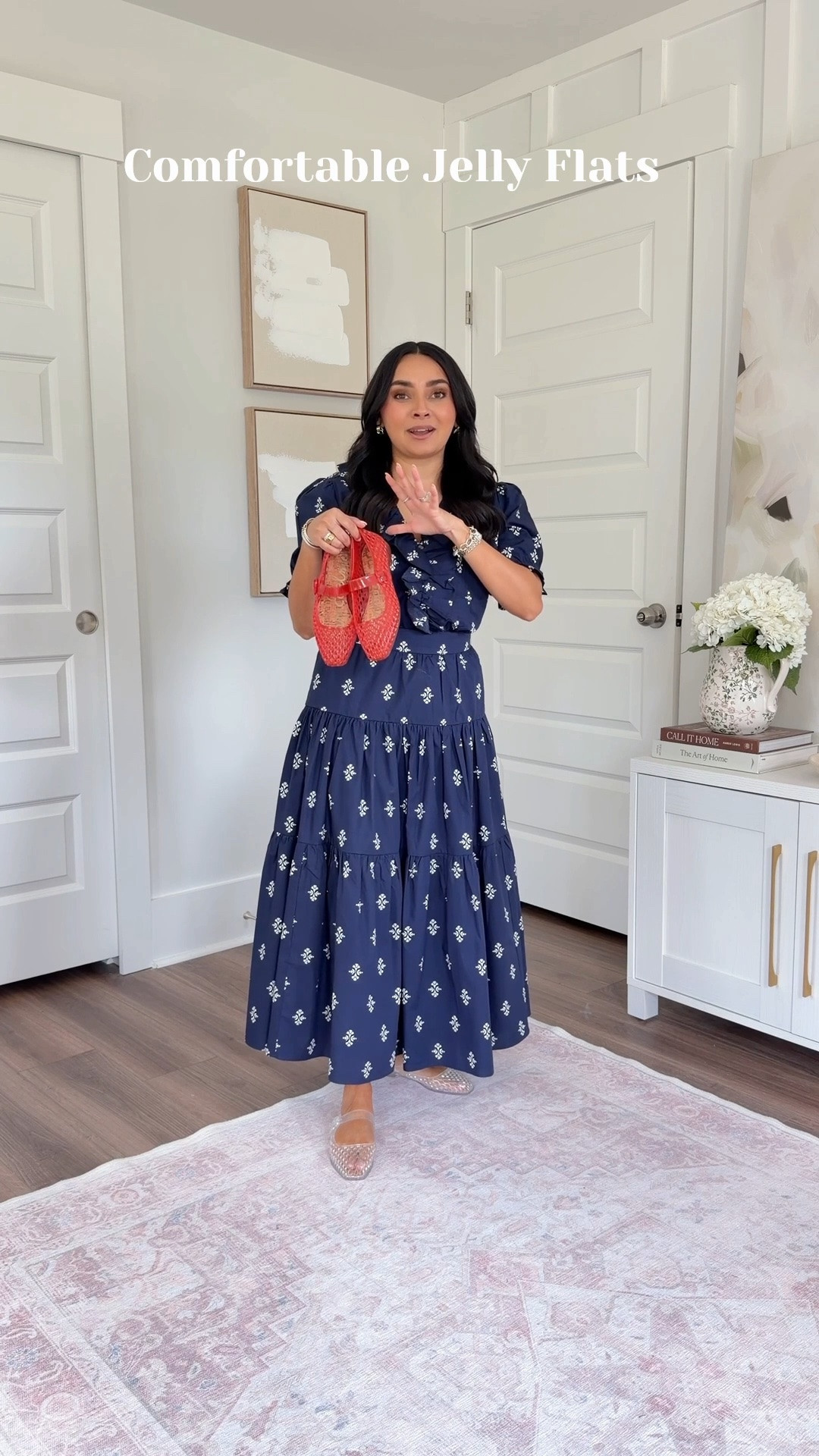 Comfortable jelly flats! 
Blue printed ruffle top size xxs regular TTS 
Blue printed maxi skirt size 2 petite TTS 
Jelly flats size 5 TTS

#LTKootd #LTKSaleAlert #LTKPetite