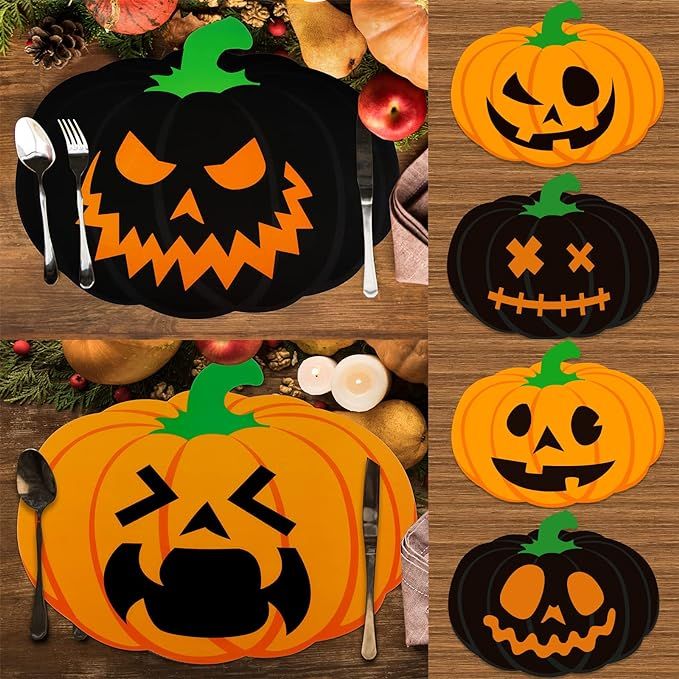 ANECO 6 Pieces Halloween Pumpkin Placemats Halloween Plastic Placemats Place Mats Orange Black Ta... | Amazon (US)
