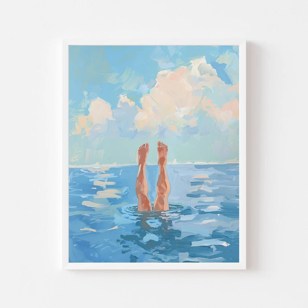Handstand in the Ocean Painting Girly Beach House Wall Art Print Coastal Summer Dip Digital Downl... | Etsy (US)