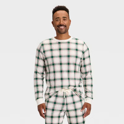 Men's Plaid Ribbed Long Sleeve Holiday Matching Family Pajama Shirt - Wondershop™ Cream | Target