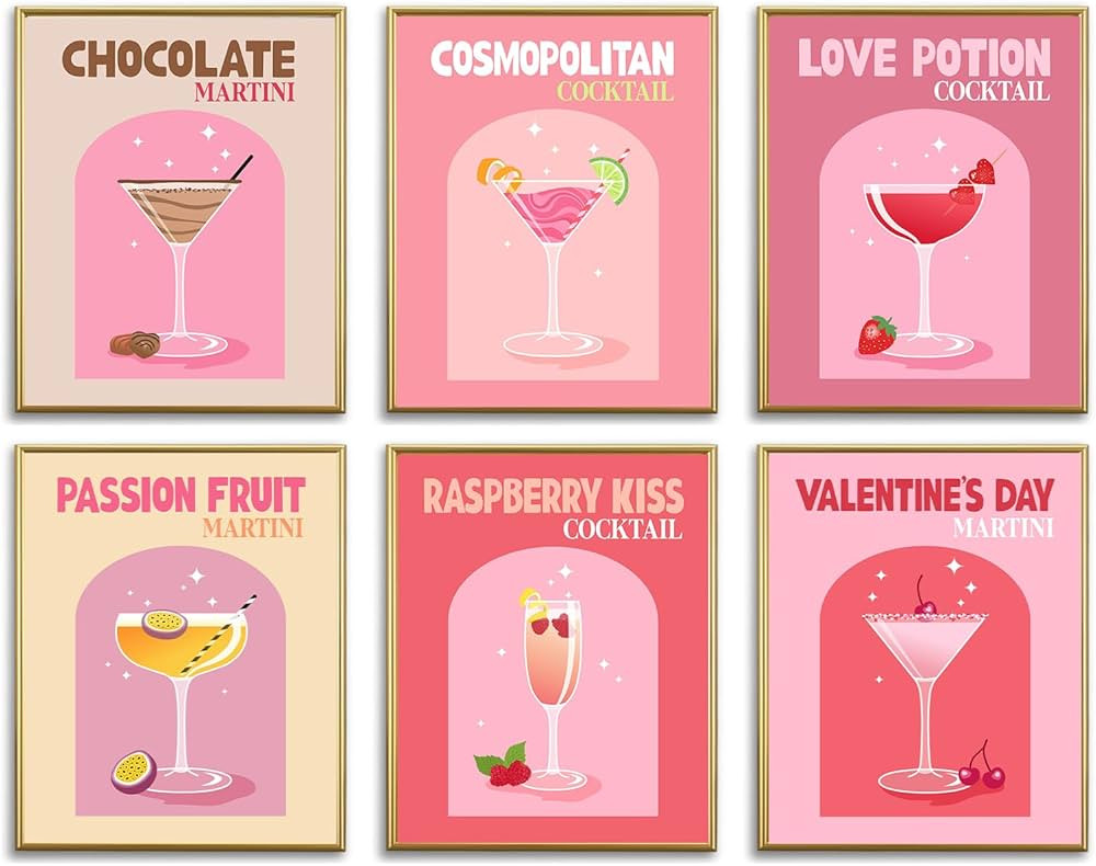 Valentine's Day Cocktail Wall Art Poster,Cocktail Bar Wall Decor Artwork,Colorful Preppy Alcohol ... | Amazon (US)