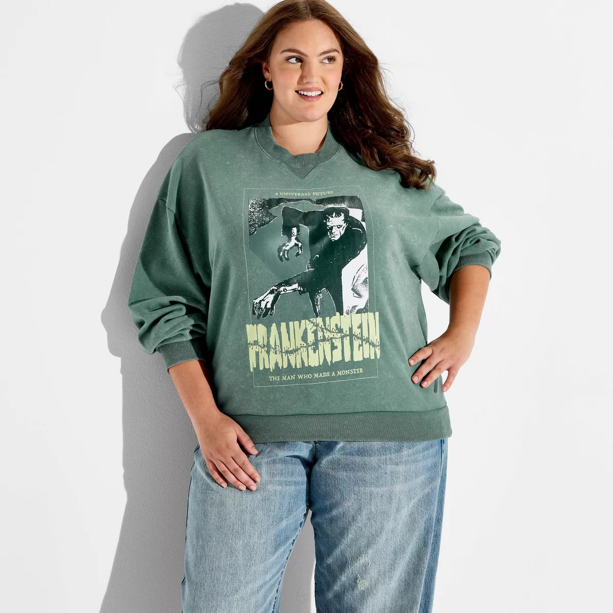 Women's Crewneck Frankenstein Graphic Pullover Sweatshirt - Sage Green 3X | Target