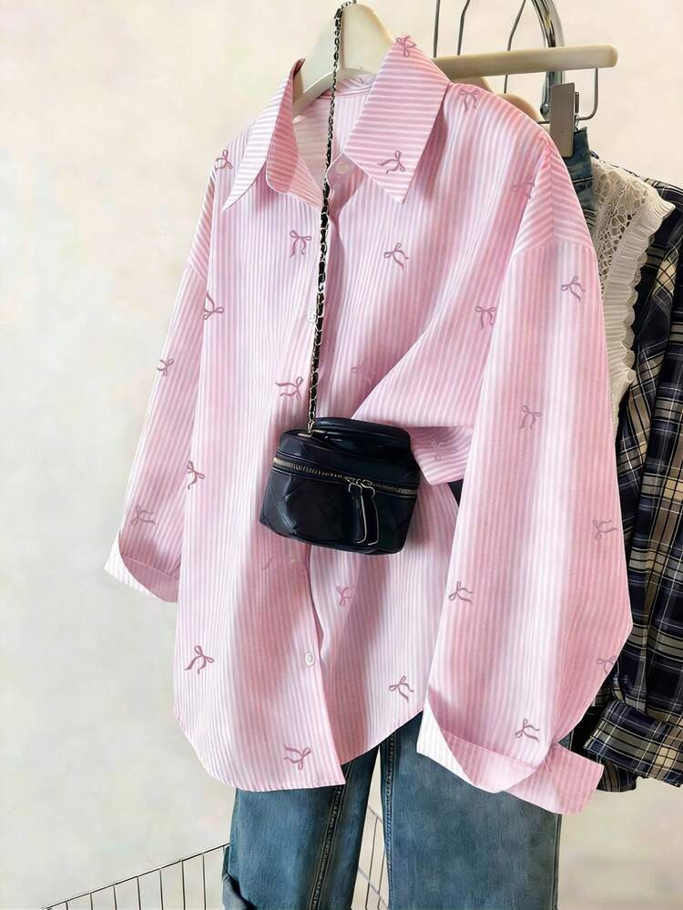 Resyla Women's Pink And White Striped Bow Print Shirt,Cute Sweet Style Autumn Loose Long-Sleeved ... | SHEIN