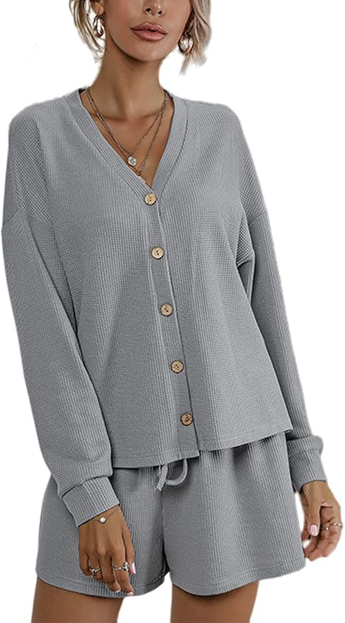 Gihuo Womens Waffle Knit Lounge Sets Long Sleeve Button Top Shorts Set Loungewear Summer 2 Piece ... | Amazon (US)