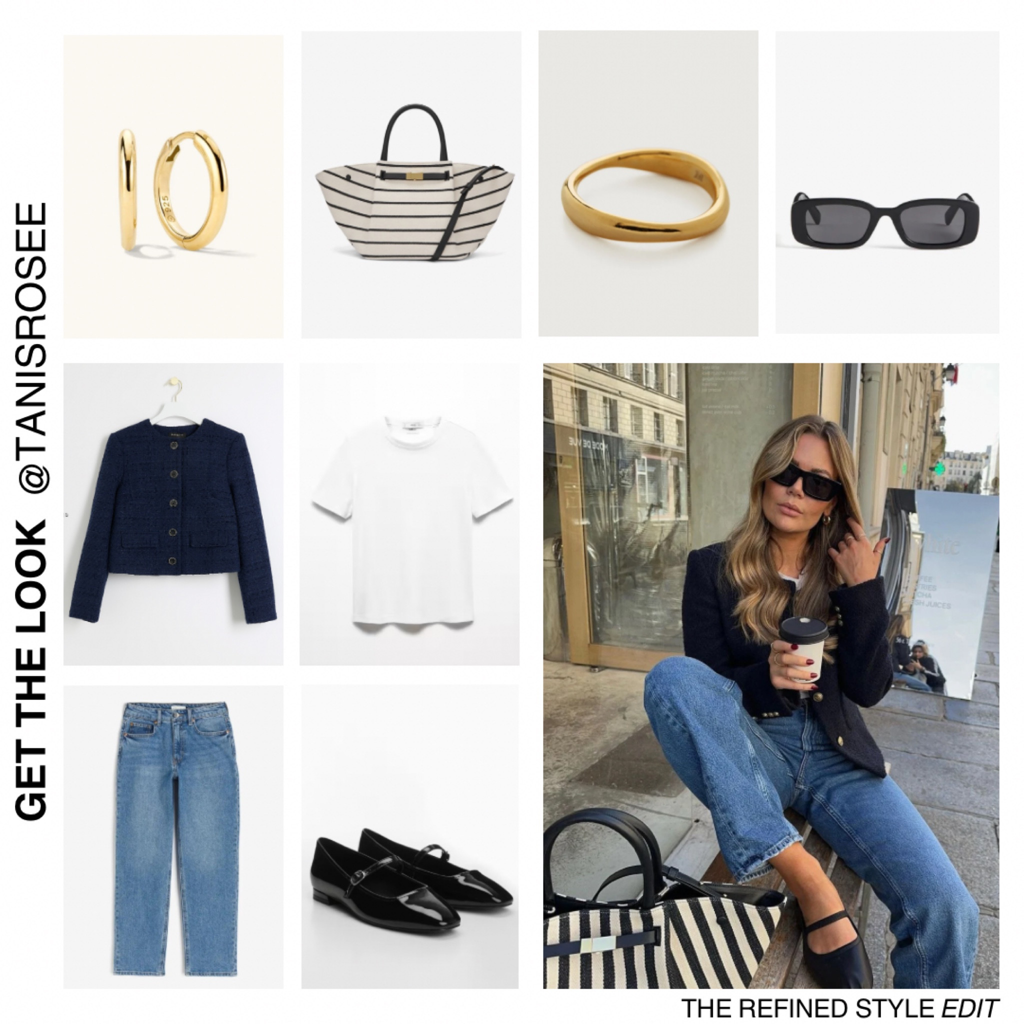 Get The Look | @tanisrosee

Including navy boucle jacket with gold buttons, stripe monochrome tote bag, white t-shirt, blue denim slim straight jeans, ballet shoes, gold hoop earrings, gold stacking ring, rectangle sunglasses  

#LTKstyletip #LTKSeasonal #LTKitbag