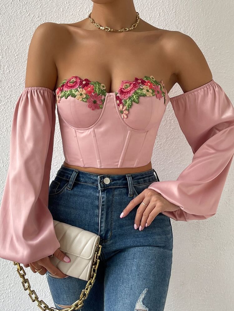 Floral Embroidery Off Shoulder Lantern Sleeve Bustier Top | SHEIN
