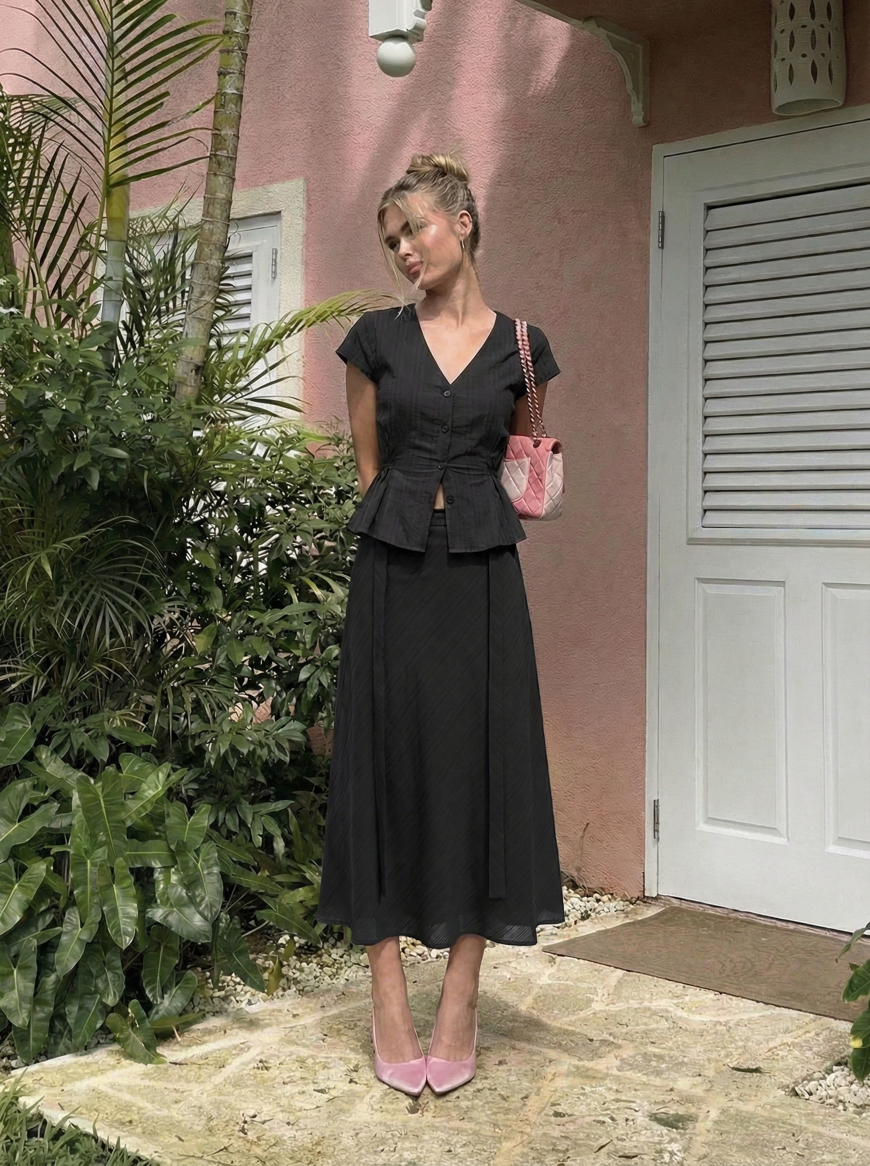 Cotton rope Cotton V-Neck Button Front Peplum Top & Mid Rise A-line Maxi Skirt Set With Belt For ... | Cider