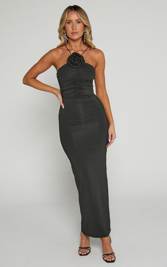 Teagan Midi Dress - Bodycon Ruched Asymmetric Strap Rosette Dress in Black | Showpo (US, UK & Europe)