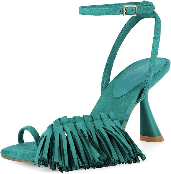 Richealnana Women's Fringe Toe Ring Ankle Strap Sandals Square Toe Tassel Shoes For Party Prom | Amazon (US)