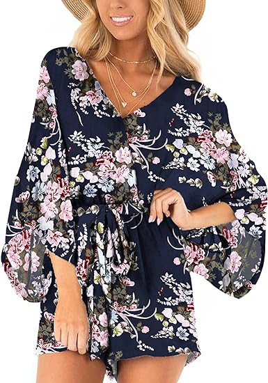 AIMCOO Women's Summer Floral Print Jumpsuits Long Baggy Sleeve High Waist Tie Knot Rompers Casual... | Amazon (US)