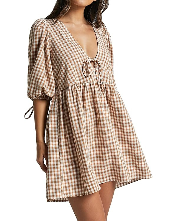 Women's Gingham Puff Sleeve Tie Front Babydoll Mini Dress | Amazon (US)