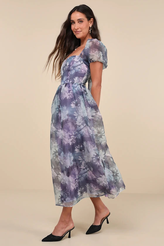 Lovely Statement Purple Floral Organza Tie-Back Midi Dress | Lulus