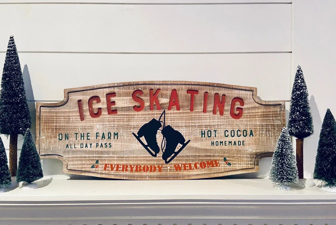 ICE SKATING Distressed Wood Christmas Sign 26" x 10"; Backyard Skating Rink; Hockey Figure Skatin... | Etsy (US)