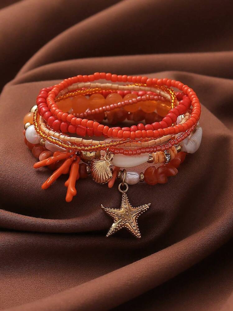 7pcs/Set Pink Series Girly Beach Vacation Style Shell, Starfish & Bead Elastic Bracelet Set, Suitable For Women's Vacation & Daily Wear (Handmade Beaded, Bead Quantity And Sequence Position Random) | SHEIN