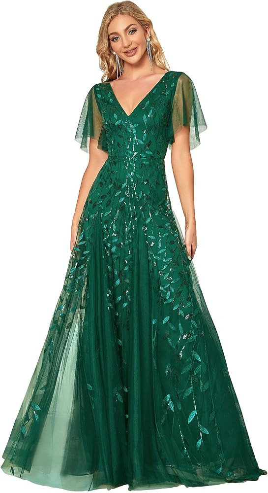 Ever-Pretty Women's Sequin Embroidery V-Neck Short Sleeve Maxi Evening Dress Prom Gowns 0734-USA ... | Amazon (US)