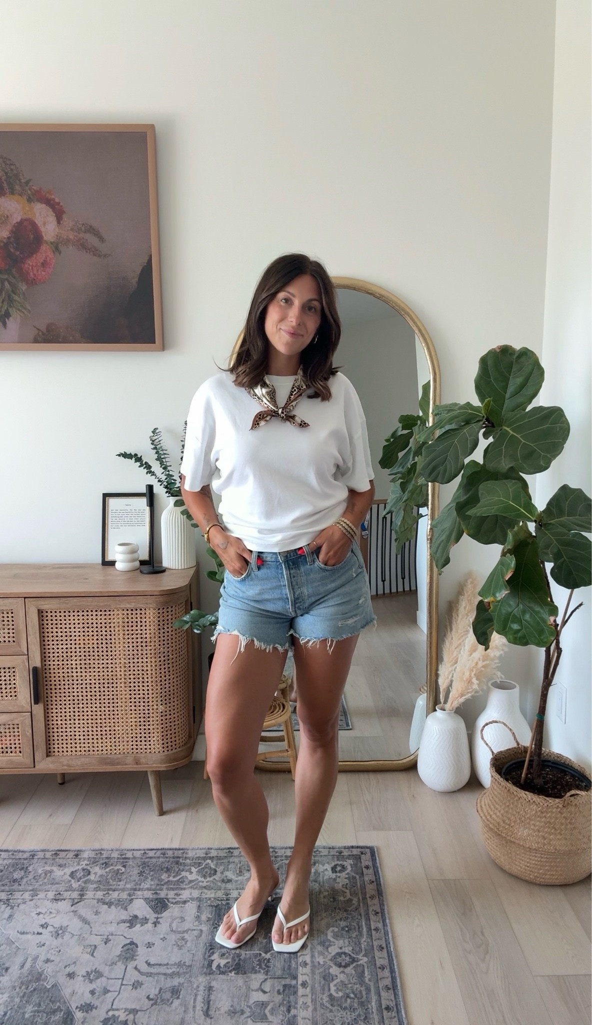 Classic Jean shorts ootd styled for summer 
Tshirt is aritzia size small 
Jean shorts fit true to size 
Scarf and shoes are Amazon

#LTKcanada #LTKsummer