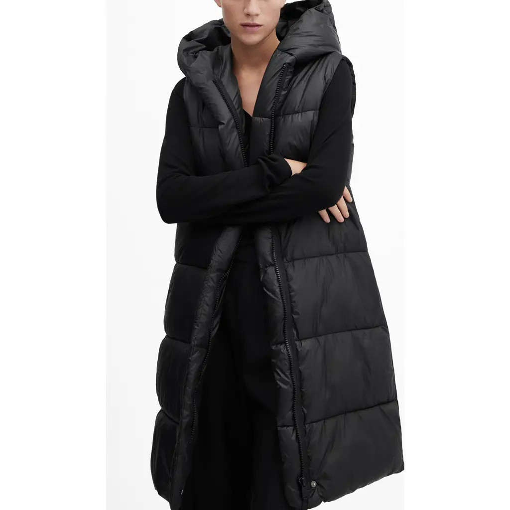 MANGO Long Quilted Water Repellent Hooded Puffer Vest in Black at Nordstrom, Size Xx-Small | Nordstrom