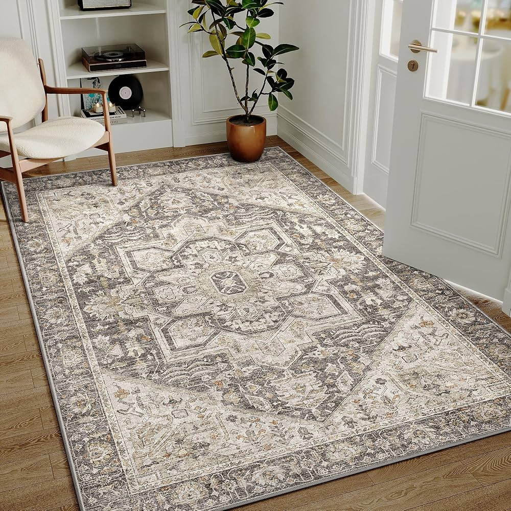 Vintage Area Rug 5x7 Bedroom Rug Kitchen Taupe Brown Indoor Washable Living Room Carpet Tribal Di... | Amazon (US)
