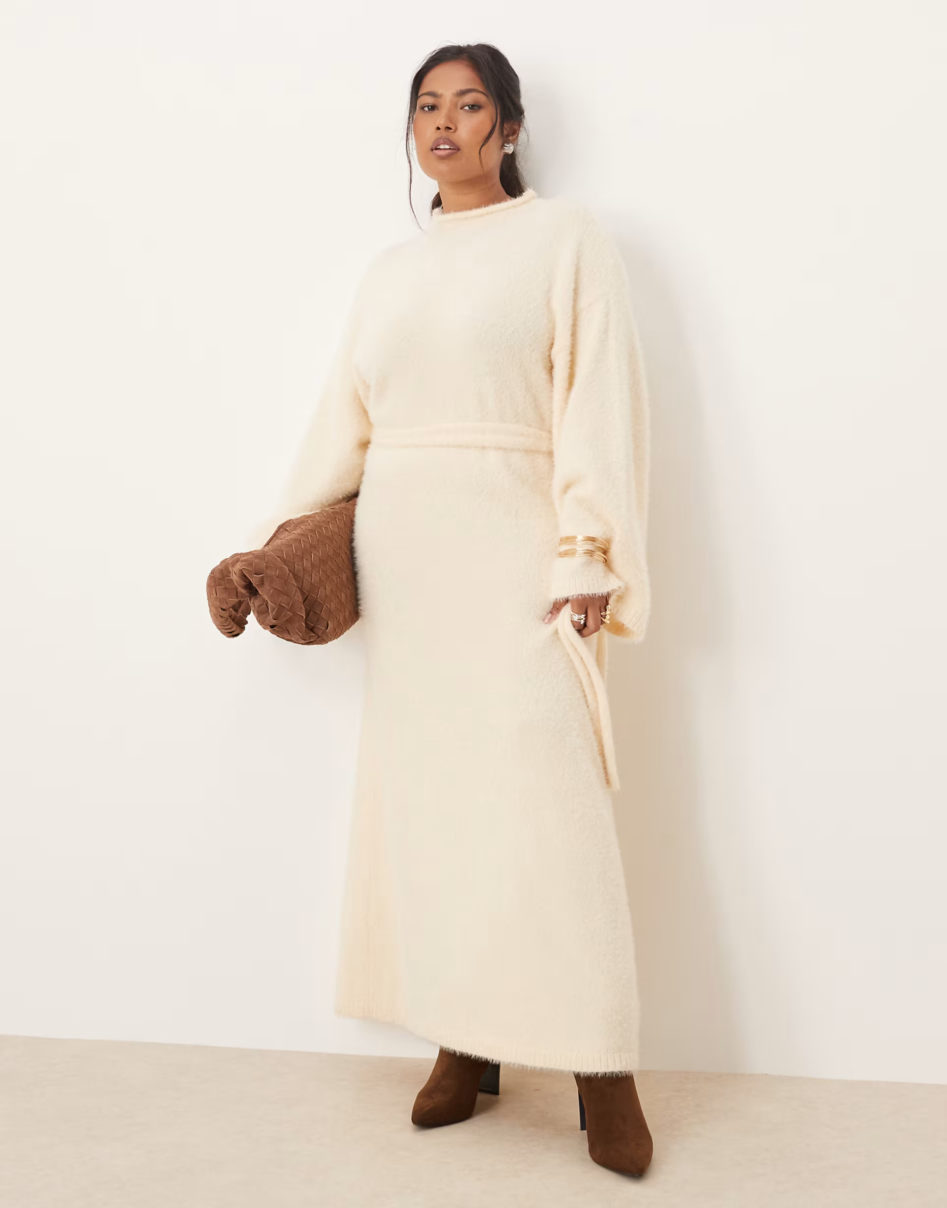 Pretty Lavish Curve fluffy tie waist knitted midaxi jumper dress in cream | ASOS | ASOS (Global)