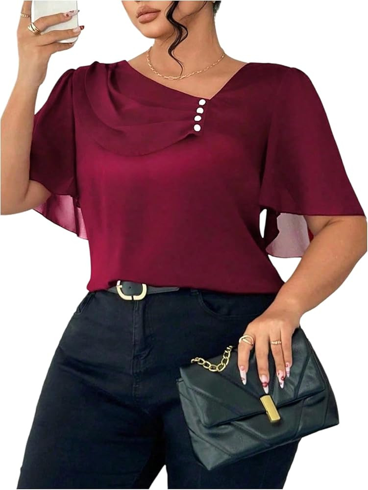 Floerns Women's Plus Size Elegant Short Sleeve Blouse Tops Asymmetrical Neck Dressy Casual Shirts | Amazon (US)