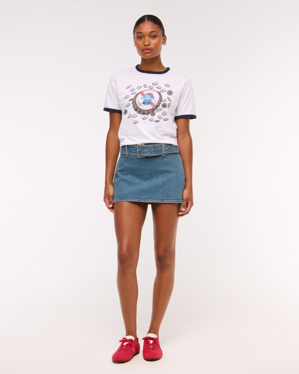 Women's Curve Love Mid Rise Belted Denim Mini Skort | Women's Clearance | Abercrombie.com | Abercrombie & Fitch (US)