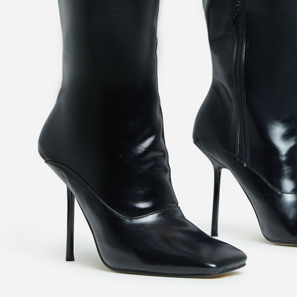 Lavia Square Toe Stiletto Heel Knee High Long Boot In Black Faux Leather | EGO (UK)