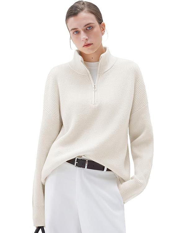 SUUKSESS Women Cashmere Oversized Quarter Zip Pullover Sweater Long Sleeve Collared Ribbed Knit J... | Amazon (US)