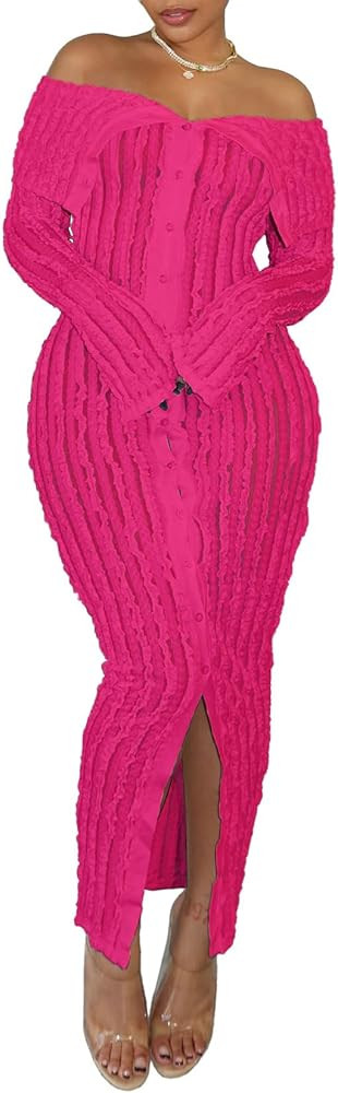 Womens Sexy Off Shoulder Maxi Dress Pleated See Through Flare Sleeve Button Down Slit Bodycon Lon... | Amazon (US)