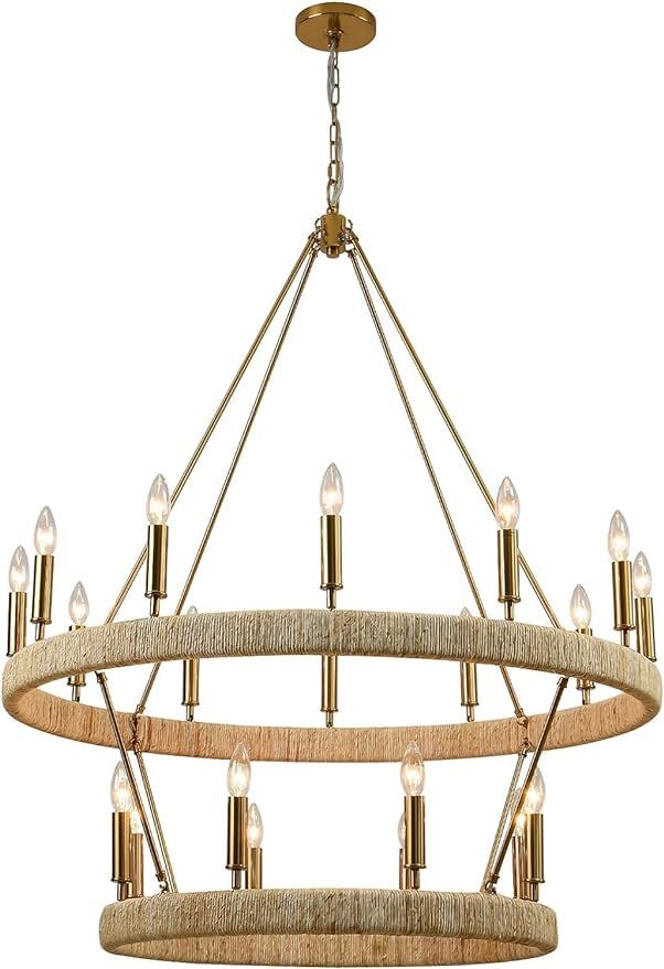 2-Tier Brass Wagon Wheel Chandelier - Large Farmhouse Rustic Chandeliers for Dining Room Living R... | Amazon (US)