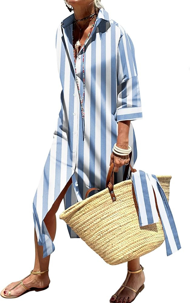Womens Shirt Dresses Striped Lapel 3/4 Sleeve Maxi Dress Button Down Split Belted | Amazon (US)