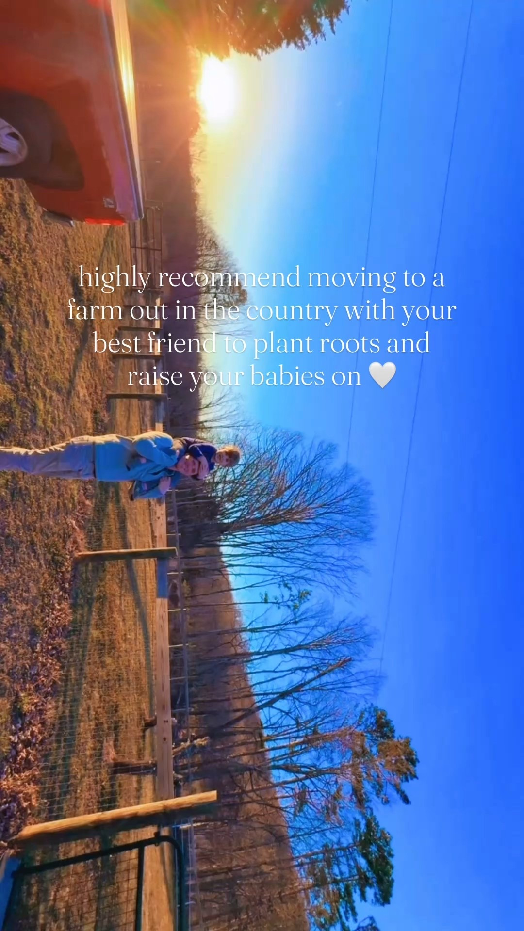 Both sunset 🌅 and sunrise 🌄 hour here on the farm is everything I could’ve dreamed of and more 💭💫 - thank you, Jesus, for the pure gift of this wonderful land and place we get to call our forever H O M E !! 🏡🌾 Convinced there’s nothing better than raising babies 👶🏼 with your best friend out in the country!! 🌳 #onthefarm #dreamcometrue #ourfarm 

Also… this fenced-in backyard area on our 12 acres has been SUCH a blessing in this season of raising little ones 👶🏼🐶🐓 and we spend sooo much time out here!!! 🫶🏽 I’ve always dreamed of having a country backyard (& kitchen window 🪟view 🌼) like this… and this farm had just that!! 💭🌲🪾🐴🫏🦌 #backyardofmydreams 

PS… the gorgeous weather we’ve had this week is making me absolutely giddy 🥰 for our very first springtime 🌼 here on the farm!!! 🫶🏽 #firstspringonthefarm