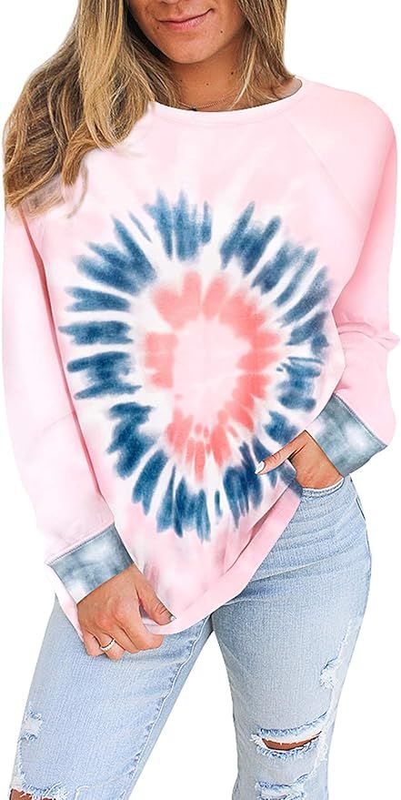Tanst Sky Women Tie Dye Sweatshirt Long Sleeve Crew Neck Shirt Color Block Loose Pullover Tops | Amazon (US)