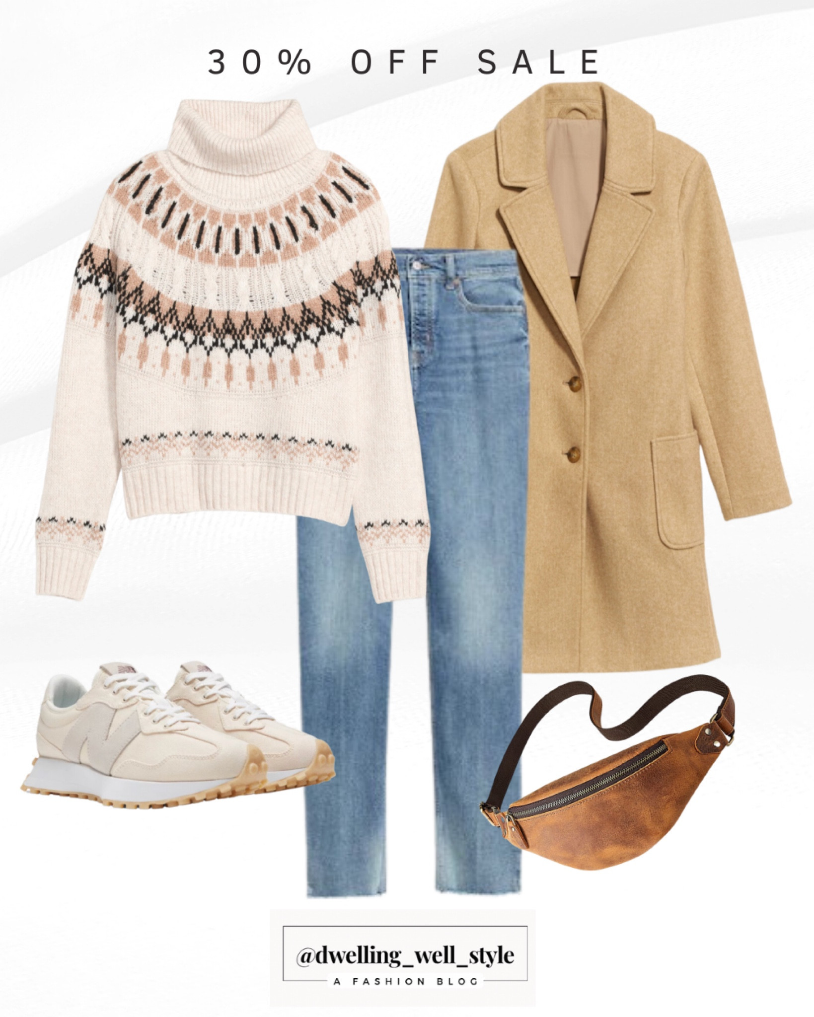 Old Navy Fair Isle Turtleneck Sweater, 30% off right now! Old Navy Camel Button Overcoat. New Balance 327 Sneakers. Leather Belt Bag.

#LTKsalealert #LTKSeasonal #LTKunder50